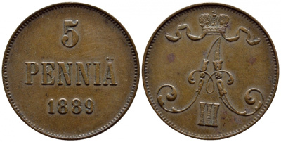 РОССИЯ ДЛЯ ФИНЛЯНДИИ 5 ПЕННИ 1889 Биткин 247 медь 00-00