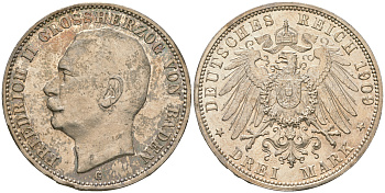 Баден 3 марки 1909 Фридрих II (1907-1918) J. 39, KM 280 серебро 00-901-12