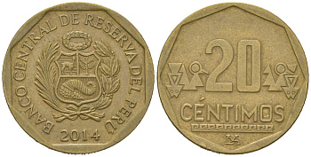 Перу 20 сентимо 2014 LIMA KM 306.4 латунь 4523-254