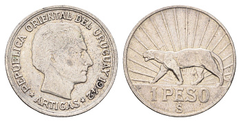 Уругвай 1 песо 1942 Хосе Хервасио Артигас, год-тип KM 30 серебро 1528-1022