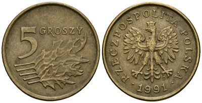 Польша 5 грошей 1991 Y 278 латунь 4136-768