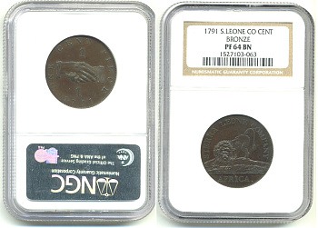 Сьерра-Леоне 1 пенни 1791 рукопожатие, лев KM 2.1 медь PF 64 BN слаб 00-00
