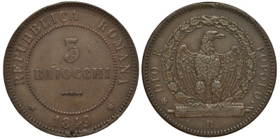 Италия 3 байоччи 1849 Montenegro 73, CNI 6, Berman 3300, Muntoni 5 медь 1519-333