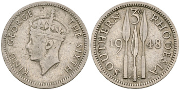 Британская Южная Родезия 3 пенса 1948 Георг VI (1936-1952) KM 20 медно-никель 4174-326