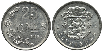 ЛЮКСЕМБУРГ 25 САНТИМОВ 1967 ВЕЛИКАЯ ГЕРЦОГИНЯ ШАРЛОТТА (1919-1964), МОНЕТНАЯ РОТАЦИЯ KM 45а.1 алюминий 4538-844