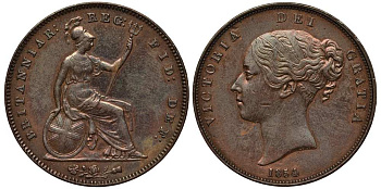 Великобритания 1 пенни 1854 Виктория (1837-1901) KM 739, Spink 3948 медь 1518-733