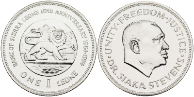 Сьерра-Леоне 1 леоне 1974 10 лет национальному банку, лев, президент Сиака Стивенс, тираж 22000 экз. KM 26а серебро UNC 00-00