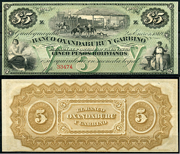 Аргентина, Banco Oxandaburu y Garbino 5 песо 1869 фазенда, женщина, штурман Pick S1783r  бумага  UNC (пресс) 451-33-1