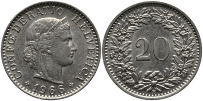 ШВЕЙЦАРИЯ 20 РАППЕНОВ 1966 В KM 29a медно-никель 33-256