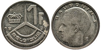 БЕЛЬГИЯ 1 ФРАНК 1990 БОДУЭН KM 188 железо плакированное никелем XF- 4181-326