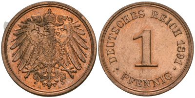 Германия 1 пфенниг 1891 A, Вильгельм II (1888-1918) KM 10, J. 10 медь aUNC 1525-412