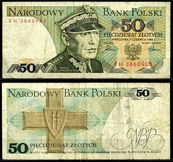 Польша 50 злотых 1986 Кароль Сверчевский, знак Грюнвальдского ордена Pick 142 c бумага 6287-26-3-2