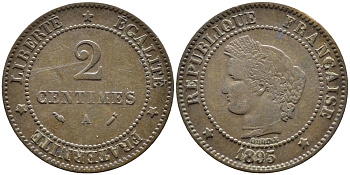 ФРАНЦИЯ 2 САНТИМА 1895 A, ТРЕТЬЯ РЕСПУБЛИКА (1871- 1940) KM 827.1, LE FRANC 109.21 бронза 4392-719