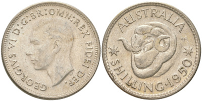 Австралия 1 шиллинг 1950 M, Георг VI (1936-1952), овца меринос KM 46 серебро 4622-136