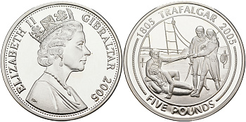 Гибралтар 5 фунтов 2005 Трафальгарское сражение, раненный сдается серебро PROOF 1095-1-52