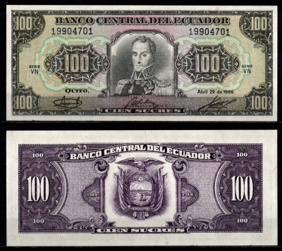 Эквадор 100 сукре 1986 Pick 123 1986 (2) бумага UNC (пресс) 7191-59-4-2