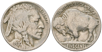 США 5 центов 1930 S, индеец, бизон KM 134 медно-никель 4614-1143