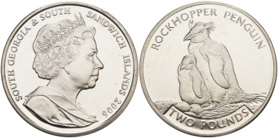 Южная Георгия и Южные Сандвичевы Острова 2 фунта 2006 хохлатый пингвин KM 22 медно-никель UNC M8-18