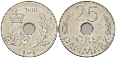 ДАНИЯ 25 ЭРЕ 1981 B; B, МАРГРЕТЕ II (1972-) KM 861.2 медно-никель 94-911
