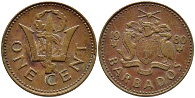 Барбадос 1 цент 1980 сломанный трезубец Британии KM 10 бронза 4396-1257