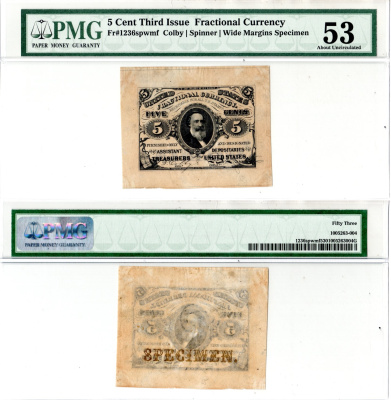 США, Fractional Currency 5 центов ND	Образец аверса - Specimen. Широкие поля. Третий выпуск. В холдере компании PMG. Сохранность - «53». Спенсер М. Кларк (руководитель бюро гравюры и полиграфии)	Friedberg № 1236-SP бумага 452-3-57