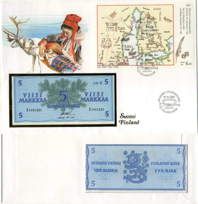 Финляндия 5 марок 1963 LITT B, буклет с марками Pick 99a  бумага  UNC (пресс) 14-01-03-06