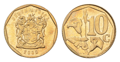 ЮАР 10 центов 2000 герб, цветок алоэ KM 161 сталь плакированная бронзой UNC 4694-758