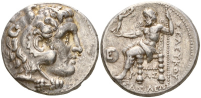Государство Селевкидов тетрадрахма 282 - 281 гг. до н.э. Селевк I Никатор, голова Александра Великого (Селевка ?) в виде Геракла в львином скальпе / "ЦАРЯ СЕЛЕВКА", Зевс на троне, держит Нику, г. Сарды, 17,30 г, серебро 00-000-00