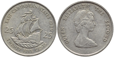 Восточно-Карибские штаты 25 центов 1989 Елизавета II (1952-2022), парусник KM 14 медно-никель 86-936