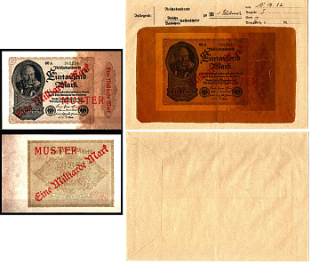 Германия 1000000000 марок 1923 надпечатка на 1000 марок 1922, 15 декабря, MUSTER, образец, Specimen. В оригинальном банковском конверте. Из коллекции Отто Сейфферта (помощник Ялмара Шахта - министра экономики Германии и президента Рейхсбанка времен третье