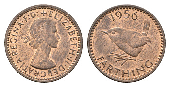 Великобритания 1 фартинг 1956 Елизавета II (1952-2022), редкий год KM 895, Spink 4159 бронза UNC 4659-836