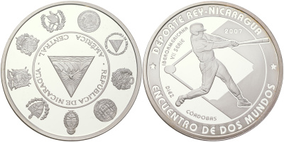 Никарагуа 10 кордоба 2007 VII Иберо-Американские игры, бейсбол KM 107 серебро  PROOF  1091-7-21