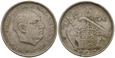 Испания 5 песет 1957 (72) Франсиско Франко (1939-1975) KM 786 медно-никель 186-723