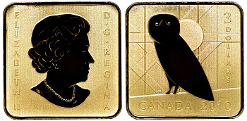 Канада 3 доллара 2010 сова, позолота KM NEW серебро PROOF 4-3-4-17