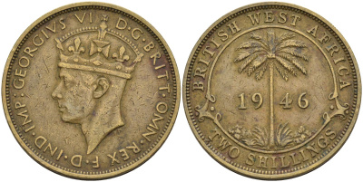 Британская Западная Африка 2 шиллинга 1946 KN, Георг VI (1936-1952) KM 24 никель-латунь 4367-525