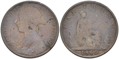 Великобритания 1 фартинг 1860 Виктория (1837-1901) KM 747.2, Spink 3958 бронза 63-215