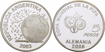 Аргентина 5 песо 2003 FIFA, XVIII Чемпионат мира по футболу в Германии 2006 KM 143 серебро PROOF 1077-4-11