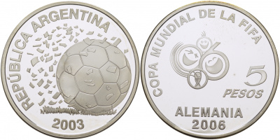 Аргентина 5 песо 2003 FIFA, XVIII Чемпионат мира по футболу в Германии 2006 KM 143 серебро PROOF 1077-4-11