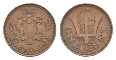 Барбадос 1 цент 1973 сломанный трезубец Британии KM 10 бронза 4644-567