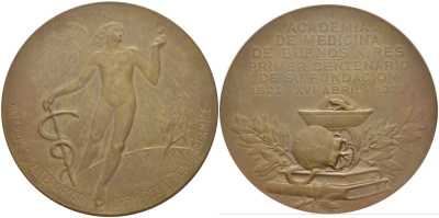 Аргентина медаль 1922 100 лет медицинской академии Буэнос-Айрес, основанной 16 апреля 1822 года, диаметр 56,5 мм.  бронза    1089-3-41