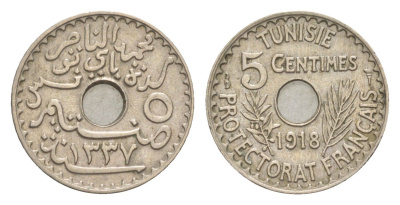 Тунис 5 сантимов 1918 A KM 242 никель латунь aUNC 1526-212