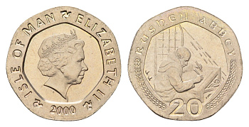 Остров Мэн 20 пенсов 2000 Елизавета II (1952-2022) KM 1040 медно-никель UNC 4121-1213