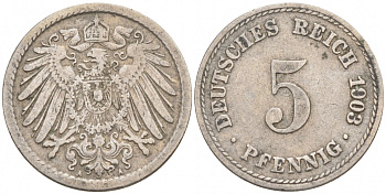 ГЕРМАНИЯ 5 ПФЕННИГОВ 1903 A, KM 11, J. 12 медно-никель 73-1745
