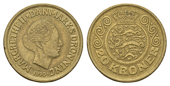 Дания 20 крон 1990 Маргрете II (1972-2024) KM 871 алюминиевая бронза 4670-1142