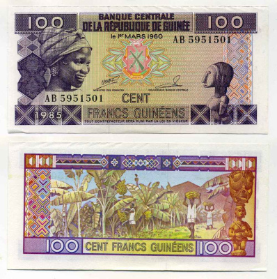 ГВИНЕЯ 100 ФРАНКОВ 1985 Pick 30а бумага UNC (ПРЕСС) 8589-37-3-2