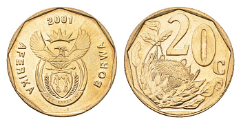 ЮАР 20 центов 2001 герб, цветок протея KM 225 сталь плакированная латунью UNC 4694-922