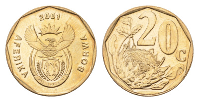 ЮАР 20 центов 2001 герб, цветок протея KM 225 сталь плакированная латунью UNC 4694-922