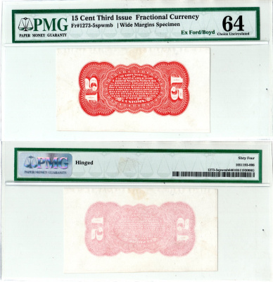 США, Fractional Currency 15 центов ND Образец реверса. Широкие поля. Третий выпуск. В холдере компании PMG. Сохранность - «64 Details». Friedberg № 1273-5SP  бумага 452-3-61