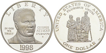 США 1 доллар 1998 S, черные патриоты, Криспус Аттюк, Бостонская резня KM 288 серебро PROOF 00-00