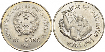 Вьетнам 10 донг 1987 орангутан KM 28 медно-никель UNC 4536-1215